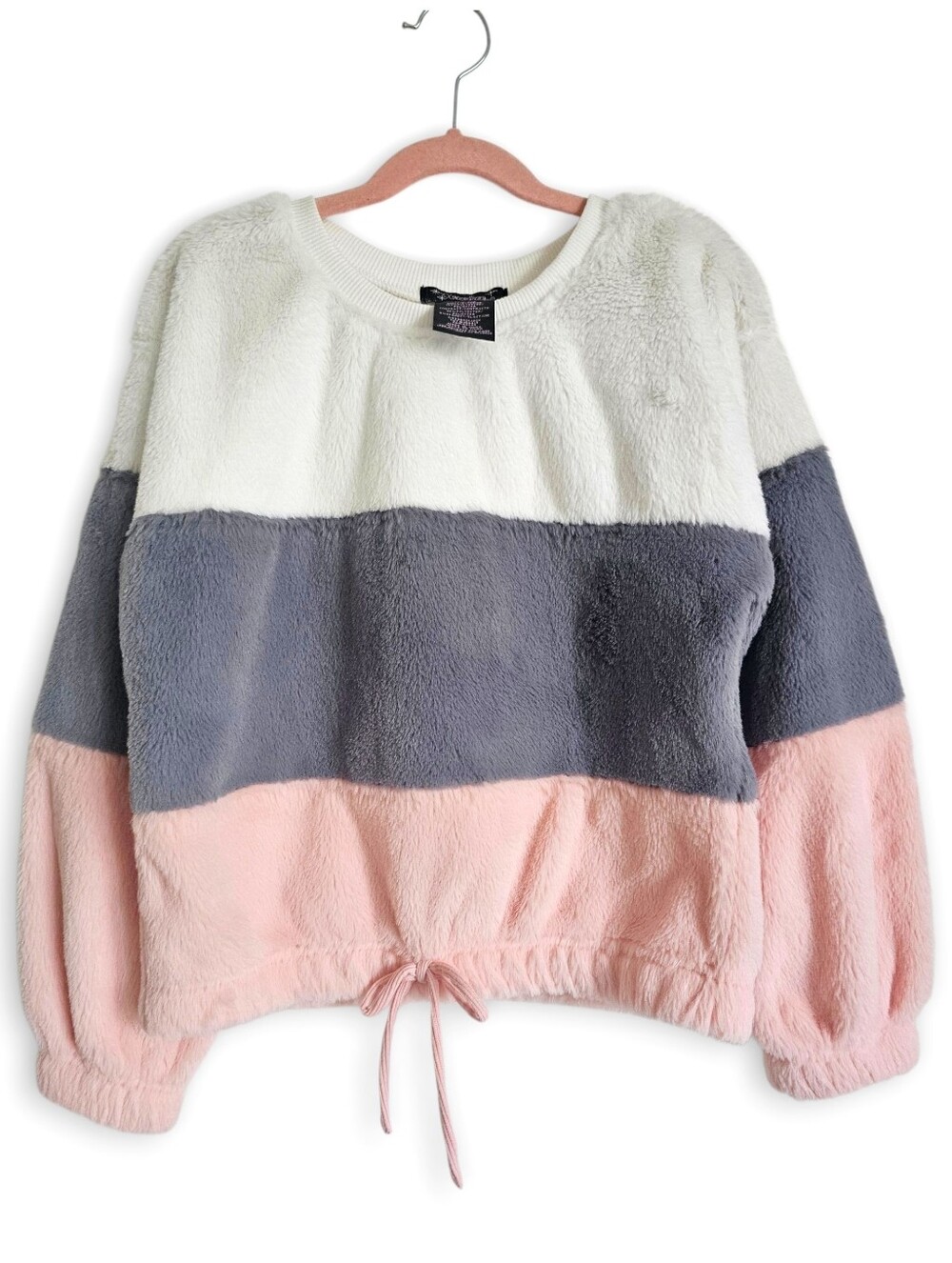 Plush Colorblock Pullover - White, Gray & Pink